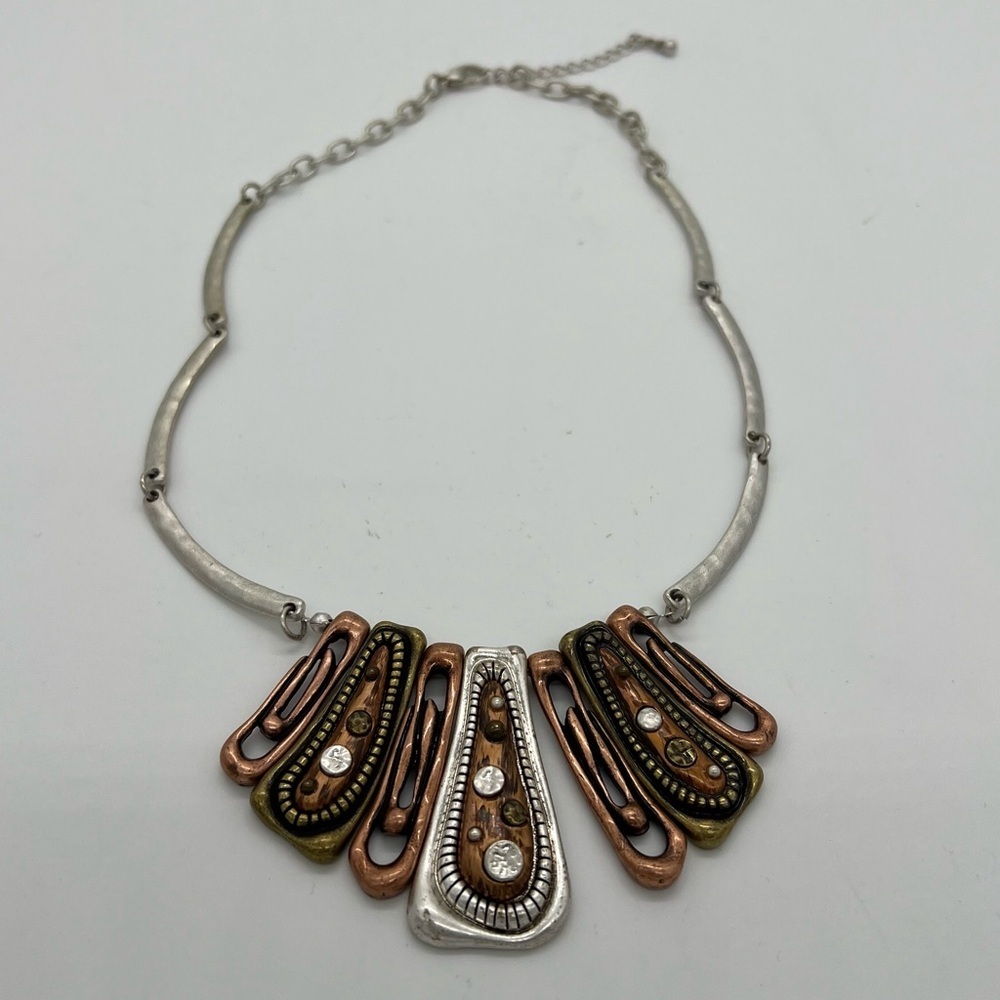 Tri-Tone Bronze Silver Tone Pin Charm Vintage Costume Jewelry Bib Necklace 20.5”